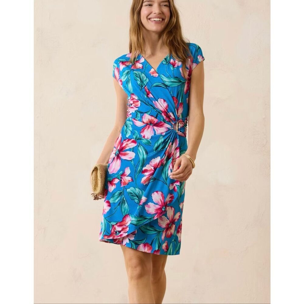 Tommy Bahama $149 Clara St Barts Blossom Jersey Dress Surplice XS NEW